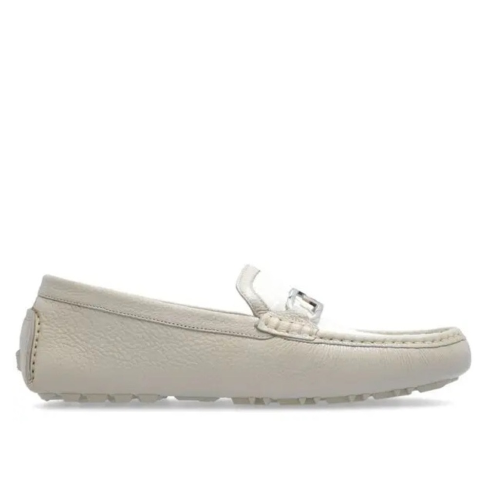 Fendi O’Lock Monogram-Panel Leather Driving Loafers White Silver Men’s 11/12
